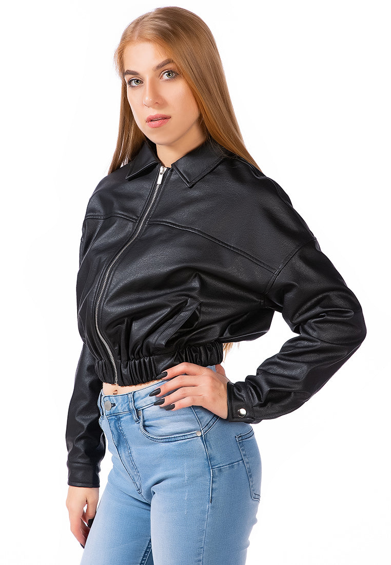 Faux Leather Elasticated Hem Cropped Jacket