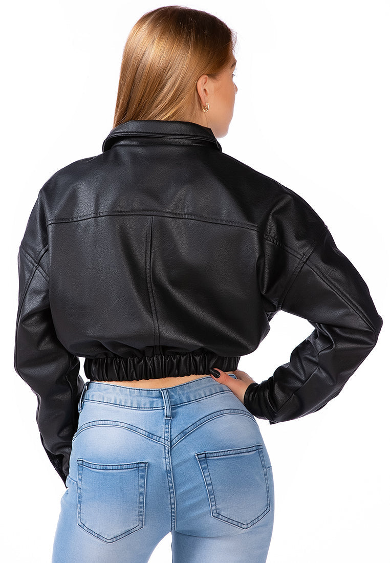 Faux Leather Elasticated Hem Cropped Jacket