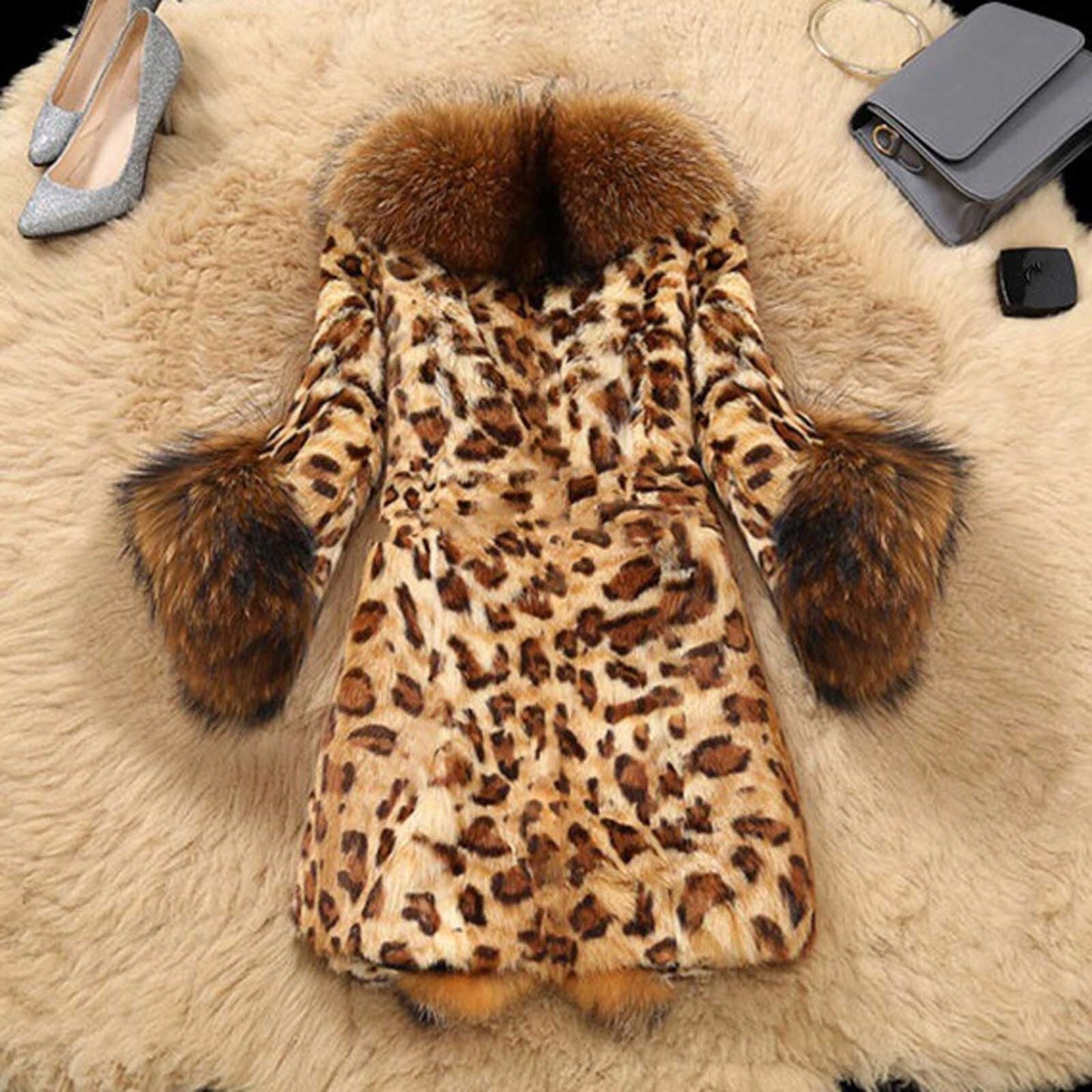 Elegant Outerwear 2020 Streetwear Warm Fur Hooded Leopard Faux Fur