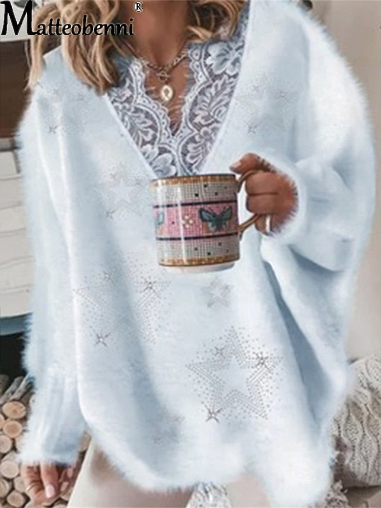 Lace V-Neck Pullover Sweater Streetwear Ladies Long Sleeve Oversize