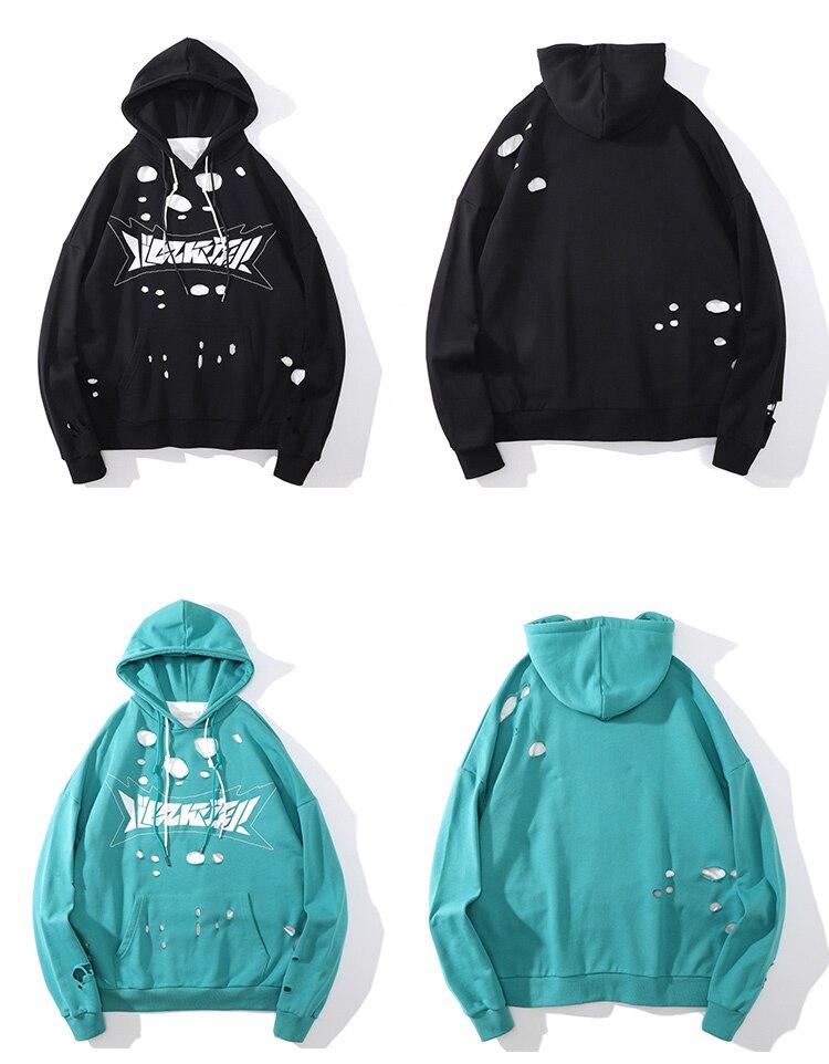 Hoodie Men Harajuku Letter Broken Hole Hooded Pullovers Oversized High