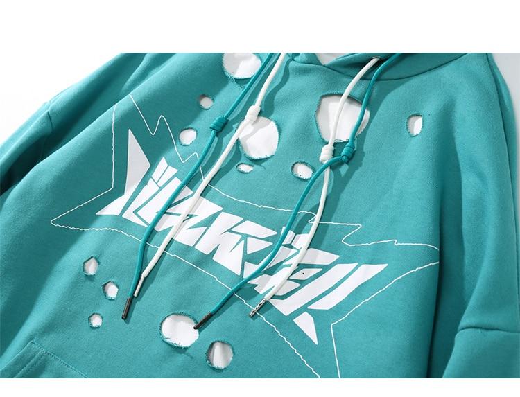 Hoodie Men Harajuku Letter Broken Hole Hooded Pullovers Oversized High