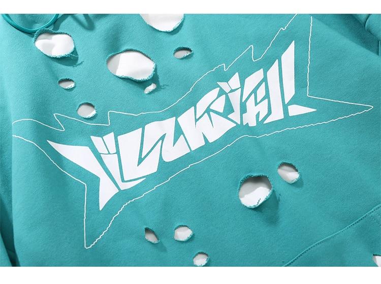 Hoodie Men Harajuku Letter Broken Hole Hooded Pullovers Oversized High