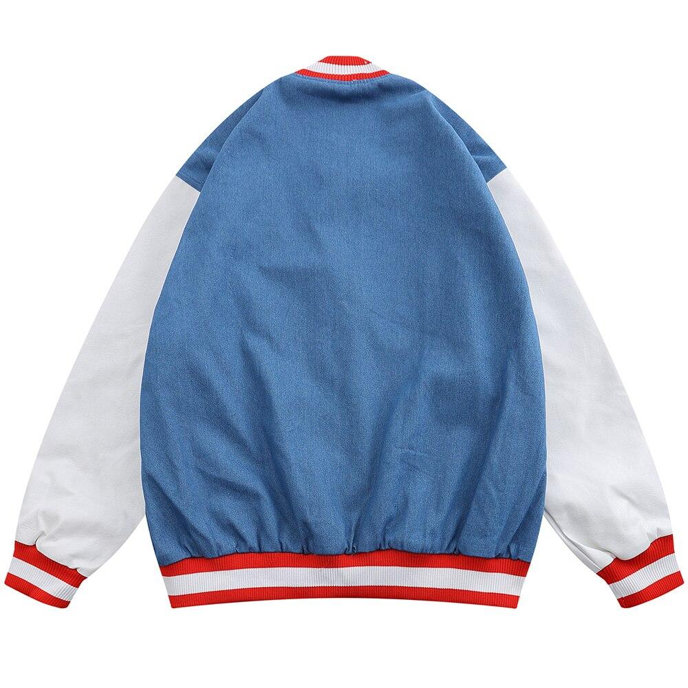 Jacket Men Denim Leather Patchwork Color Letter Embroidery Baggy