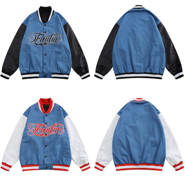 Jacket Men Denim Leather Patchwork Color Letter Embroidery Baggy