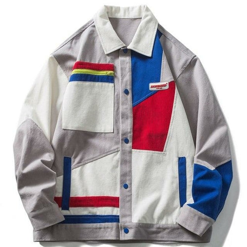 Jacket Men Colorful Patchwork Zipper Pocket Outwear Autumn Baggy