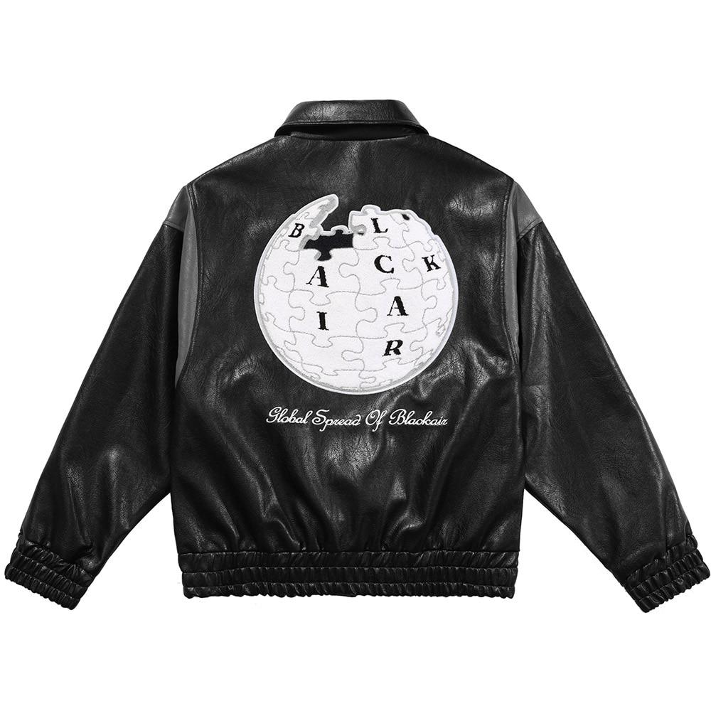 Jacket Men Letter Embroidery Patch Leather Coats Autumn Retro Baggy