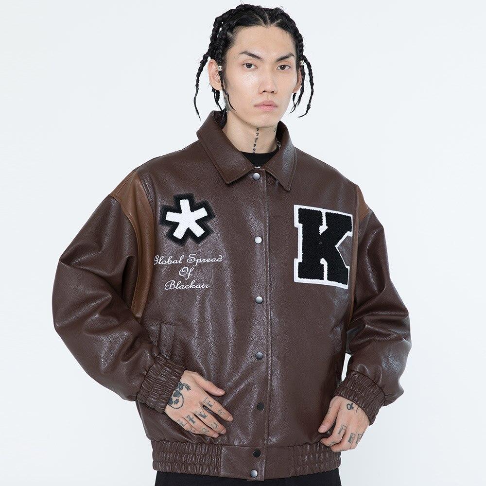 Jacket Men Letter Embroidery Patch Leather Coats Autumn Retro Baggy