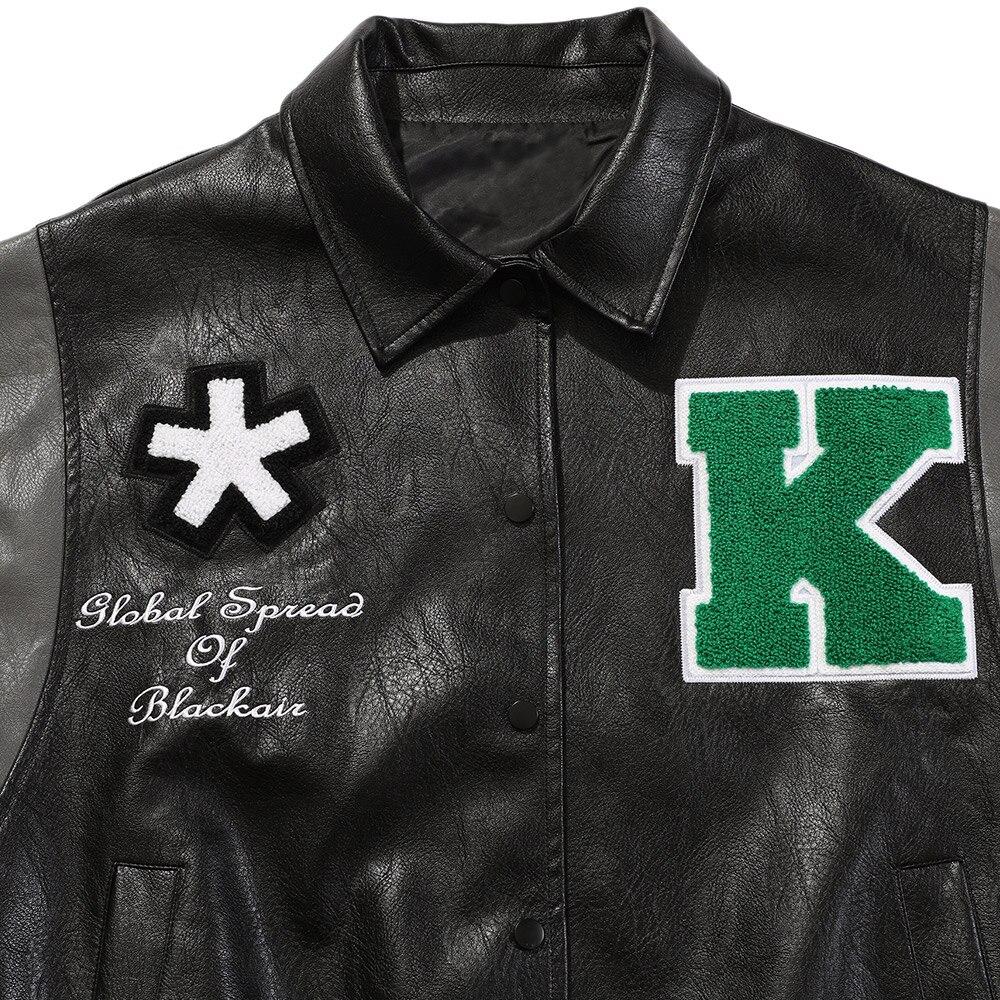 Jacket Men Letter Embroidery Patch Leather Coats Autumn Retro Baggy