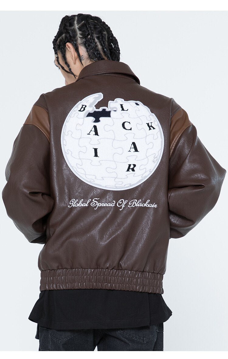 Jacket Men Letter Embroidery Patch Leather Coats Autumn Retro Baggy