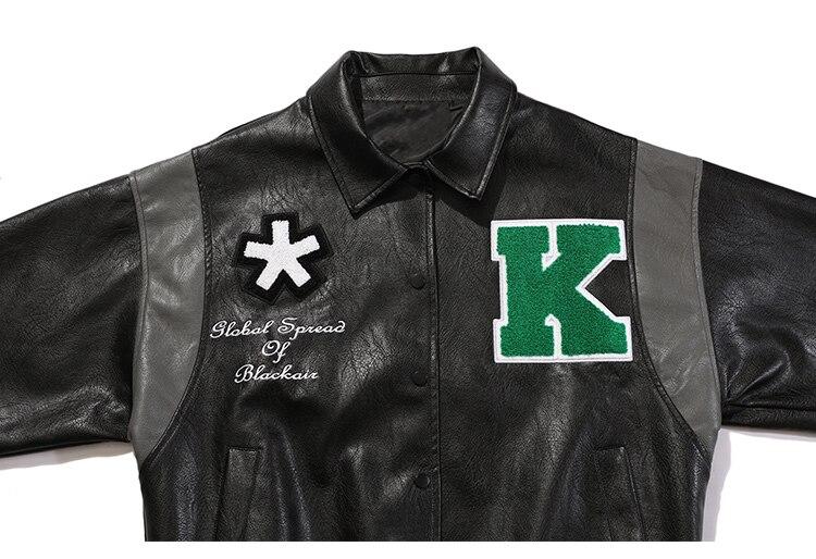 Jacket Men Letter Embroidery Patch Leather Coats Autumn Retro Baggy