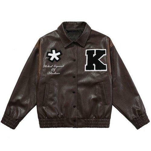 Jacket Men Letter Embroidery Patch Leather Coats Autumn Retro Baggy