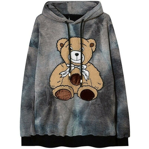 Hoodie Men Furry Cute Bear Patch Fleece Hooded Pullover Oversized