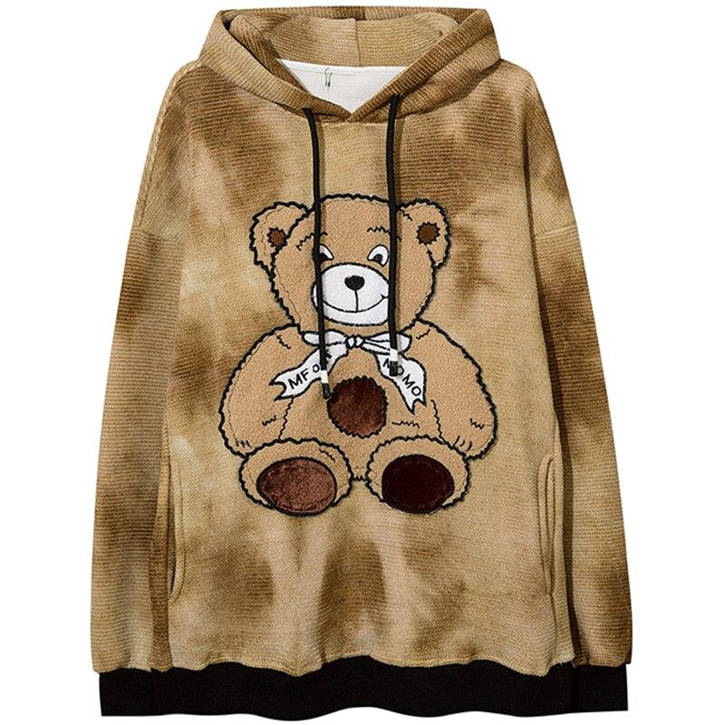 Hoodie Men Furry Cute Bear Patch Fleece Hooded Pullover Oversized