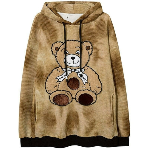 Hoodie Men Furry Cute Bear Patch Fleece Hooded Pullover Oversized
