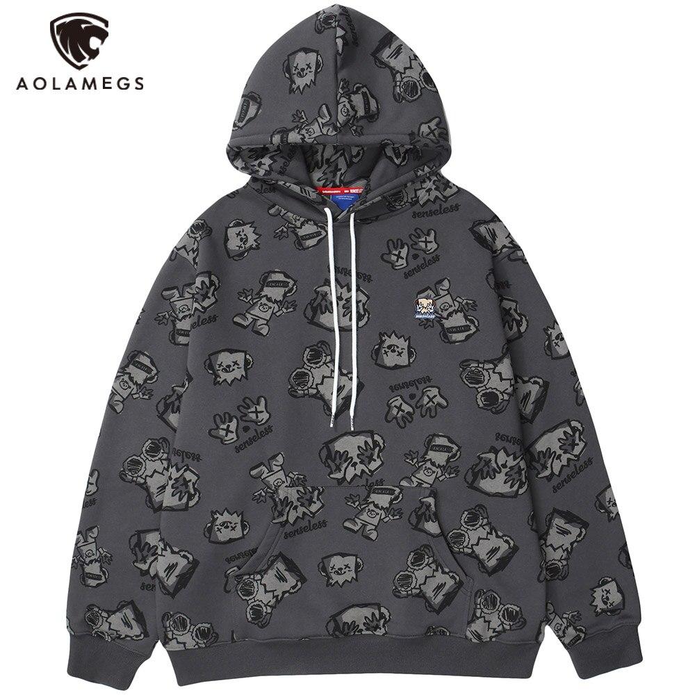 Hoodie Men Japanese Cartoon Print Fleece Hooded Pullover Oversize