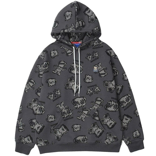 Hoodie Men Japanese Cartoon Print Fleece Hooded Pullover Oversize