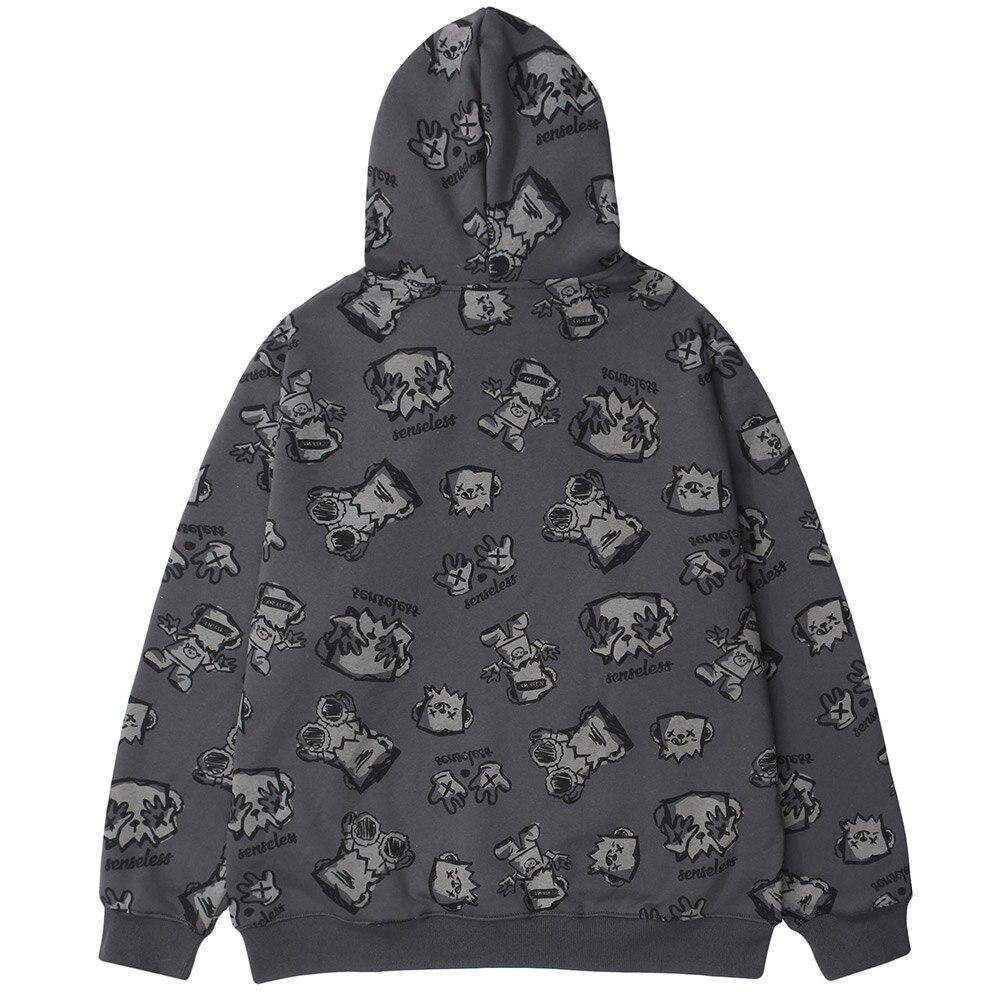 Hoodie Men Japanese Cartoon Print Fleece Hooded Pullover Oversize
