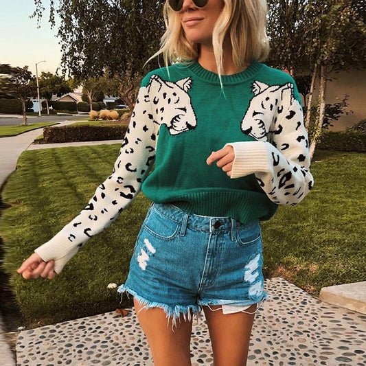 Animal print casual warm pullover women Streetwear long