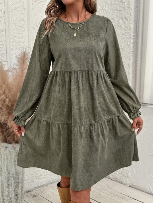 Women Casual Solid Color Ruffle Sleeve Midi Dress