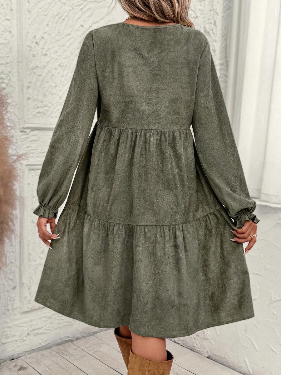 Women Casual Solid Color Ruffle Sleeve Midi Dress