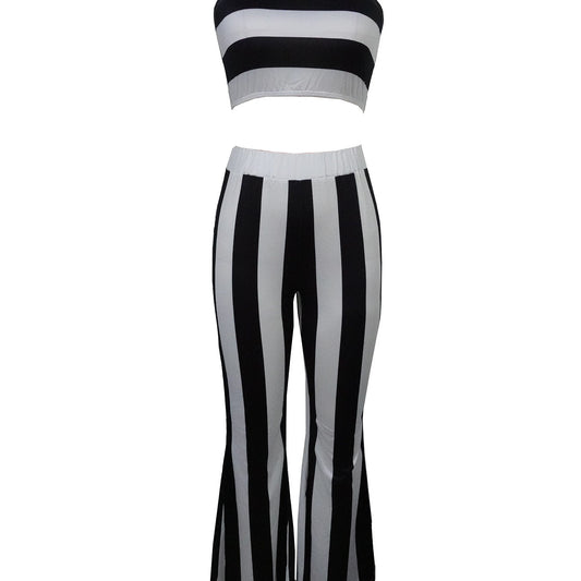 Women Striped Tank Top Slim Flared Pants Fashion Suit