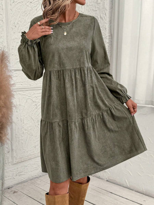 Women Casual Solid Color Ruffle Sleeve Midi Dress