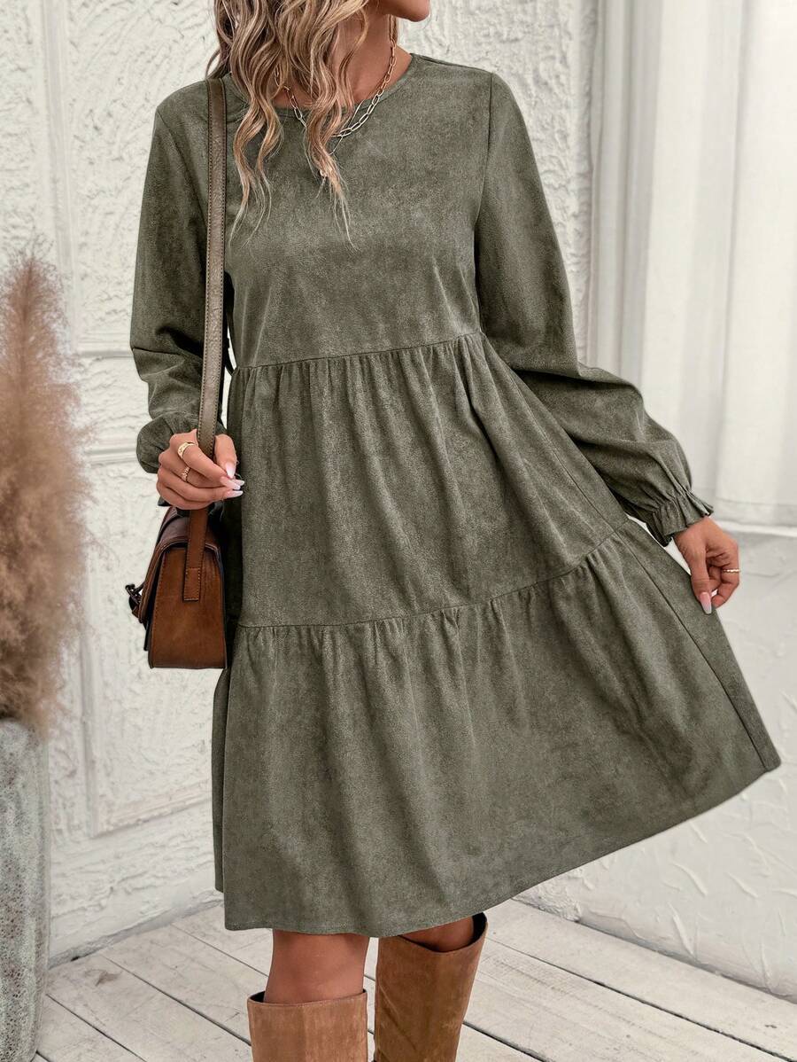 Women Casual Solid Color Ruffle Sleeve Midi Dress