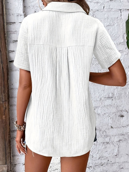 Summer Women V-Neck Blouse - Casual Short Sleeve Button-Up Shirt With