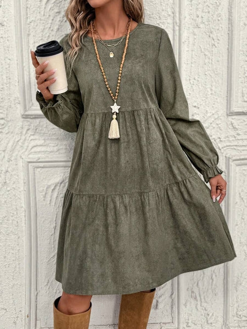 Women Casual Solid Color Ruffle Sleeve Midi Dress