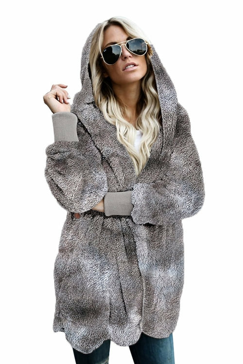 Women's Gray Tie Dye Soft Fleece Hooded Open Front Coat