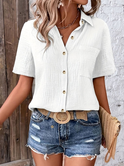 Summer Women V-Neck Blouse - Casual Short Sleeve Button-Up Shirt With