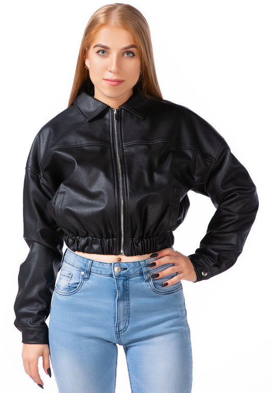 Faux Leather Elasticated Hem Cropped Jacket