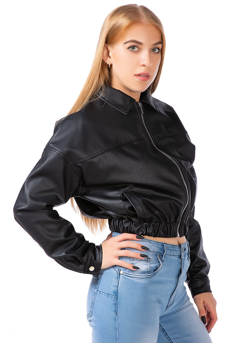 Faux Leather Elasticated Hem Cropped Jacket