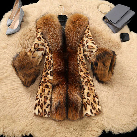 Elegant Outerwear 2020 Streetwear Warm Fur Hooded Leopard Faux Fur
