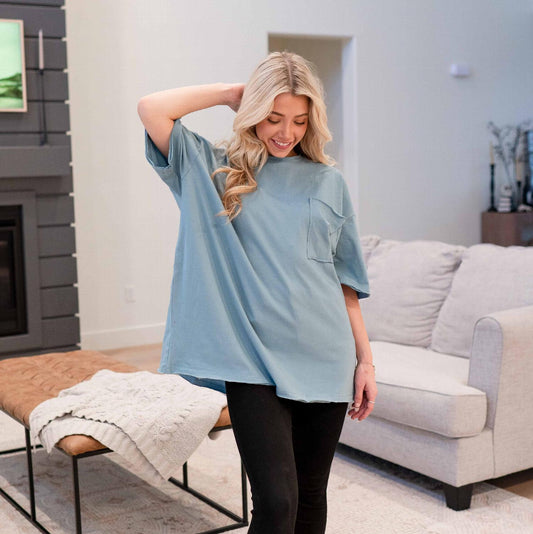 Oversized Front Pocket Raw Edge Boyfriend Tee
