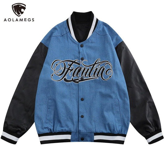 Jacket Men Denim Leather Patchwork Color Letter Embroidery Baggy