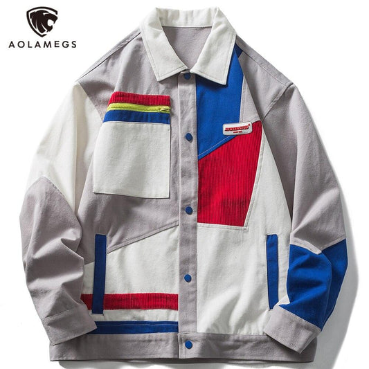 Jacket Men Colorful Patchwork Zipper Pocket Outwear Autumn Baggy