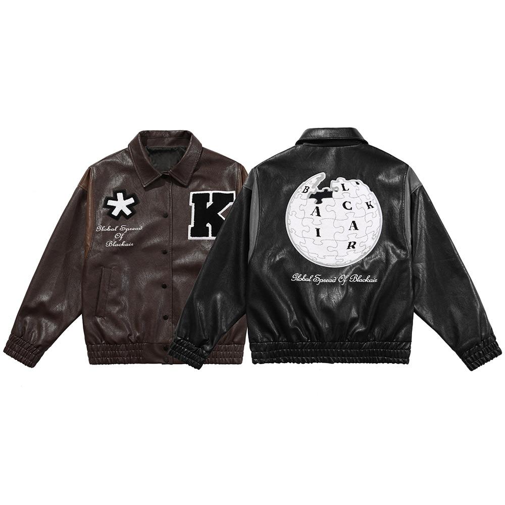 Jacket Men Letter Embroidery Patch Leather Coats Autumn Retro Baggy