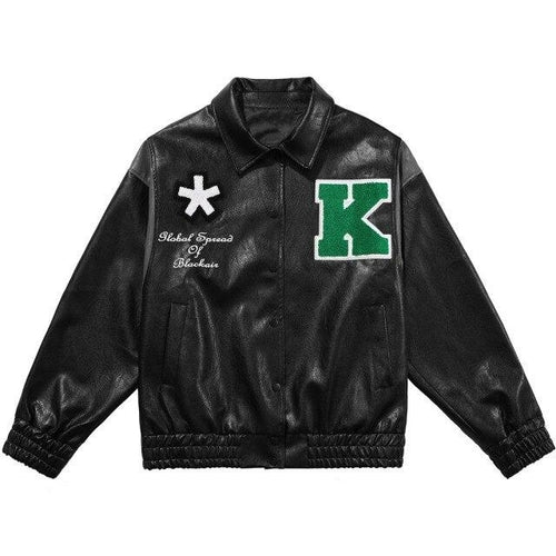 Jacket Men Letter Embroidery Patch Leather Coats Autumn Retro Baggy