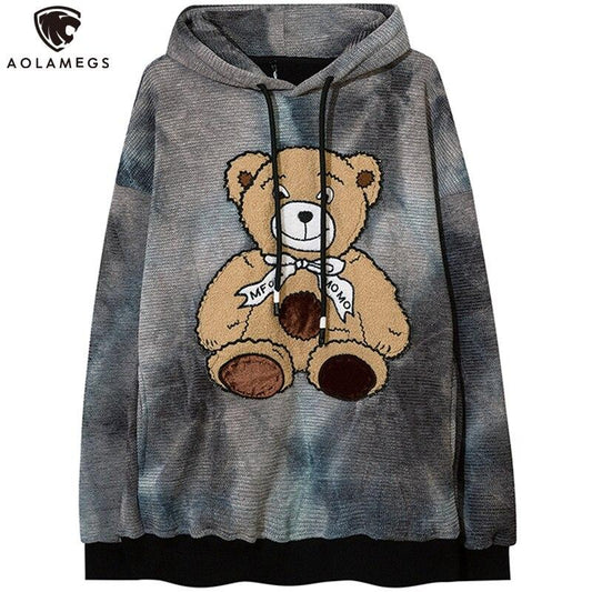 Hoodie Men Furry Cute Bear Patch Fleece Hooded Pullover Oversized