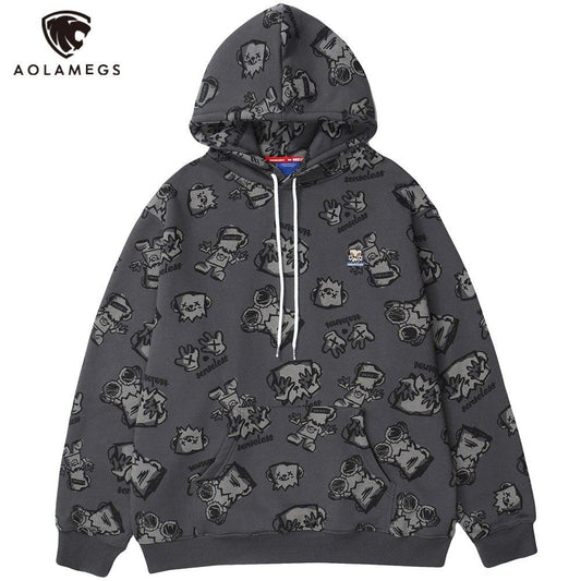 Hoodie Men Japanese Cartoon Print Fleece Hooded Pullover Oversize