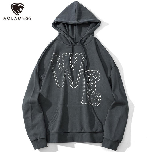Hoodie Men Punk Rivet Melted Letter Print Sweatshirt Oversized